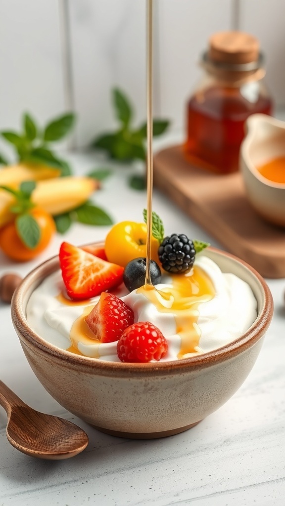 Homemade Yogurt Recipe A bowl of creamy yogurt topped with fruits and honey on a wooden table.